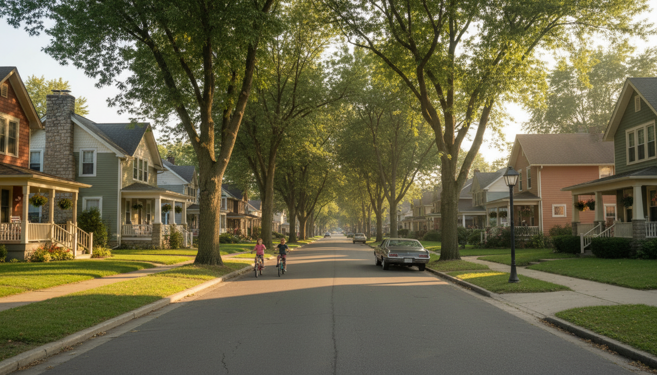 A quiet Ohio neighborhood street lined with trees and homes