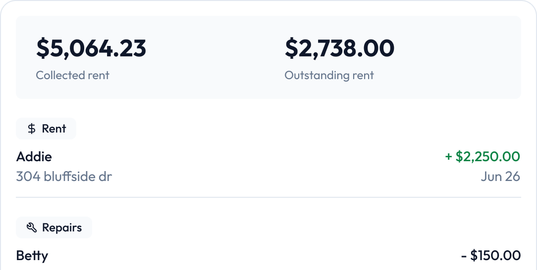 Rent summary showing collected and outstanding rent with recent payments