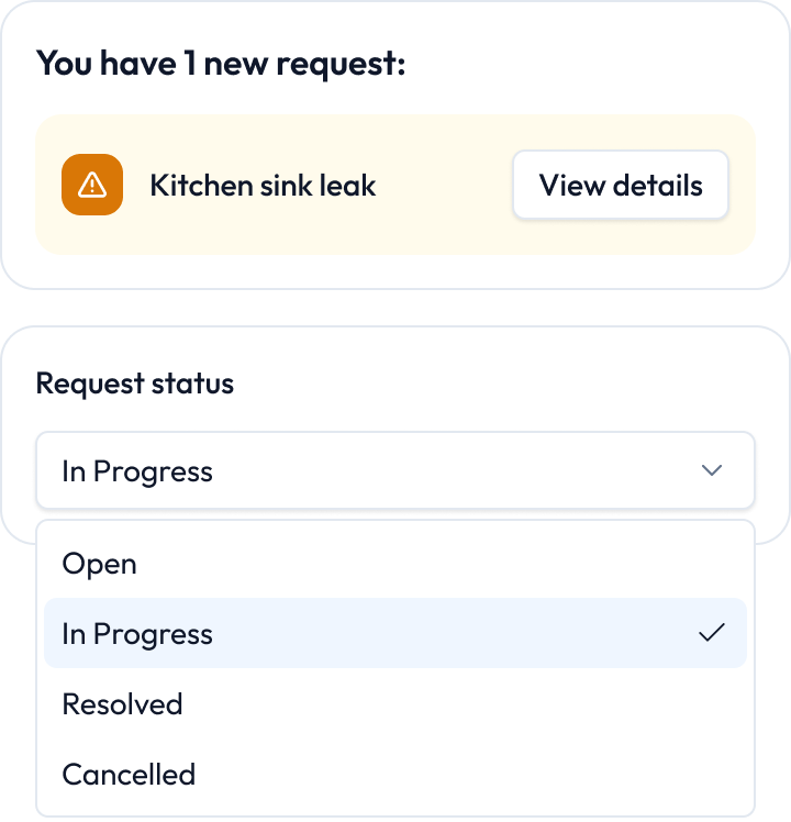 Landlord viewing a new maintenance request and updating its status to in progress