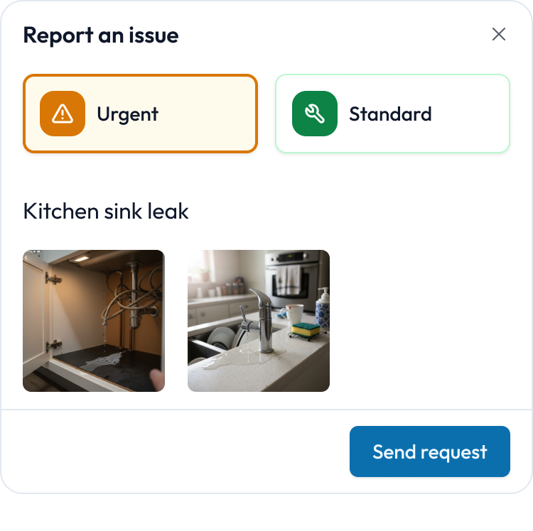 Tenant reporting a kitchen sink leak as an urgent maintenance request with photos