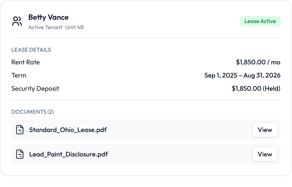 Tenant record showing lease details, security deposit, and uploaded documents