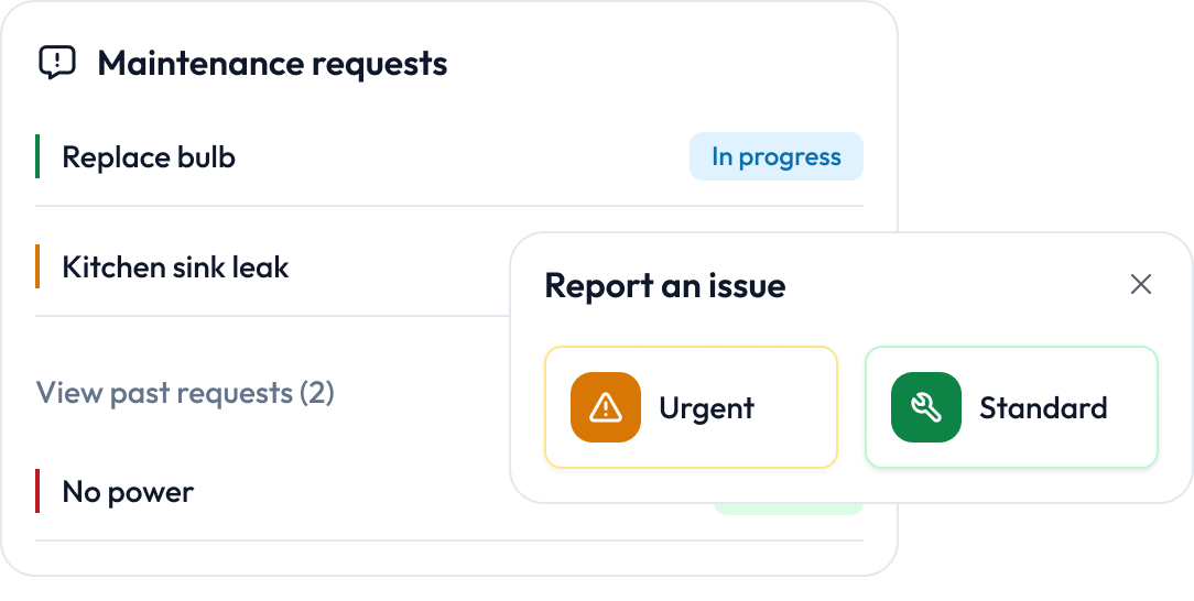 Maintenance requests list with an urgent or standard issue report prompt
