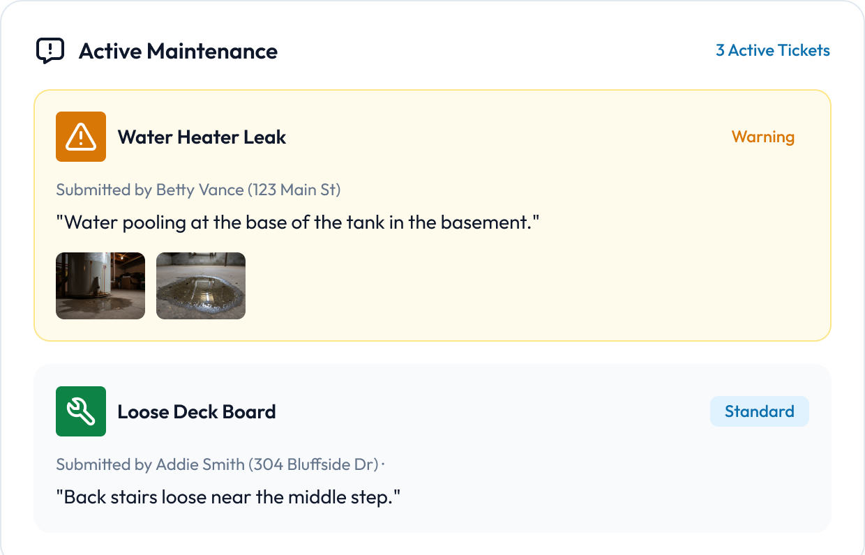 Active maintenance tickets showing urgent and standard issue cards with tenant photos